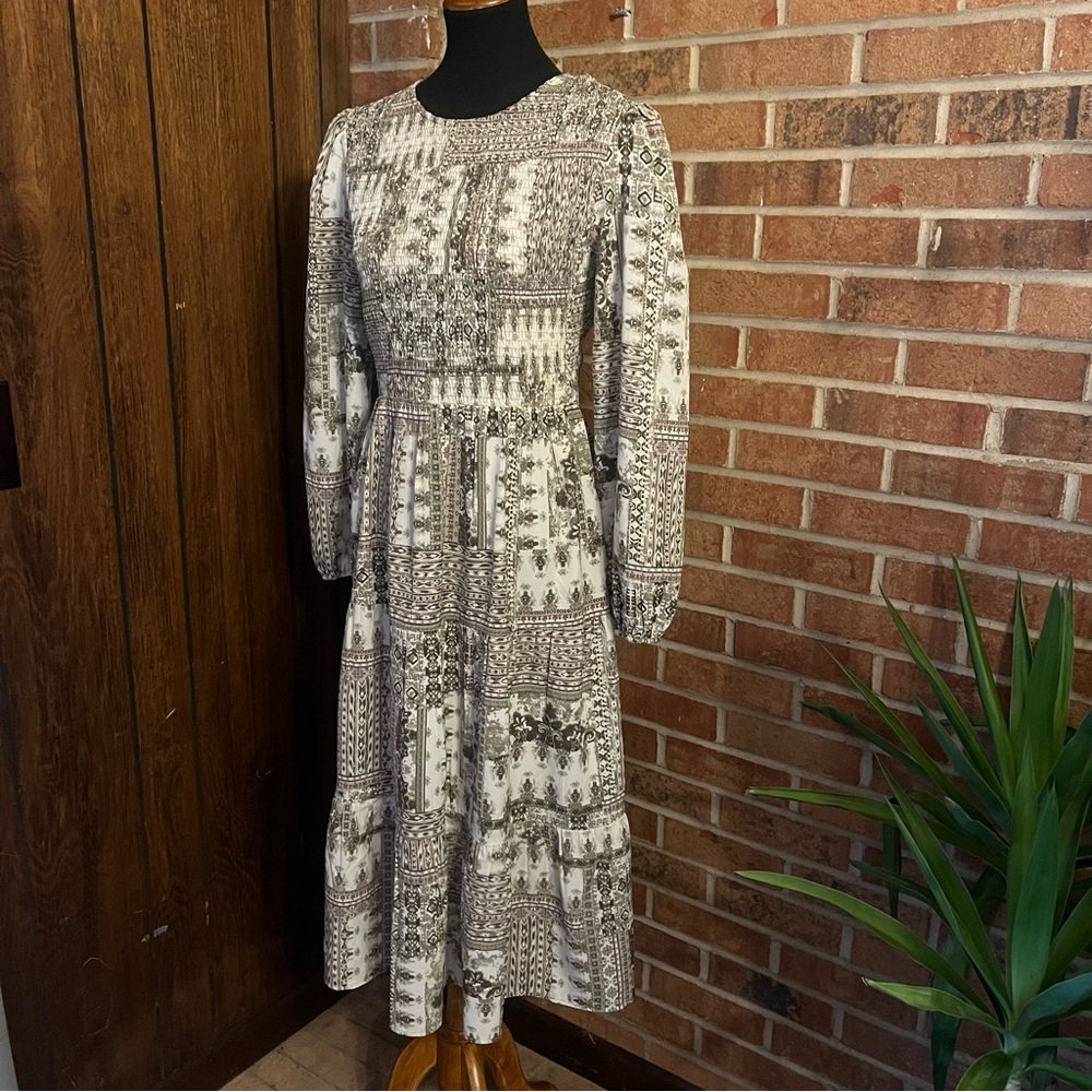 Cal Style Women M Tiered Smocked Patchwork Print Dress Long Sleeve Boho Prairie